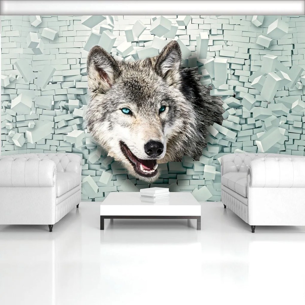 Fototapet - Lup iese din 3D perete (152,5x104 cm)