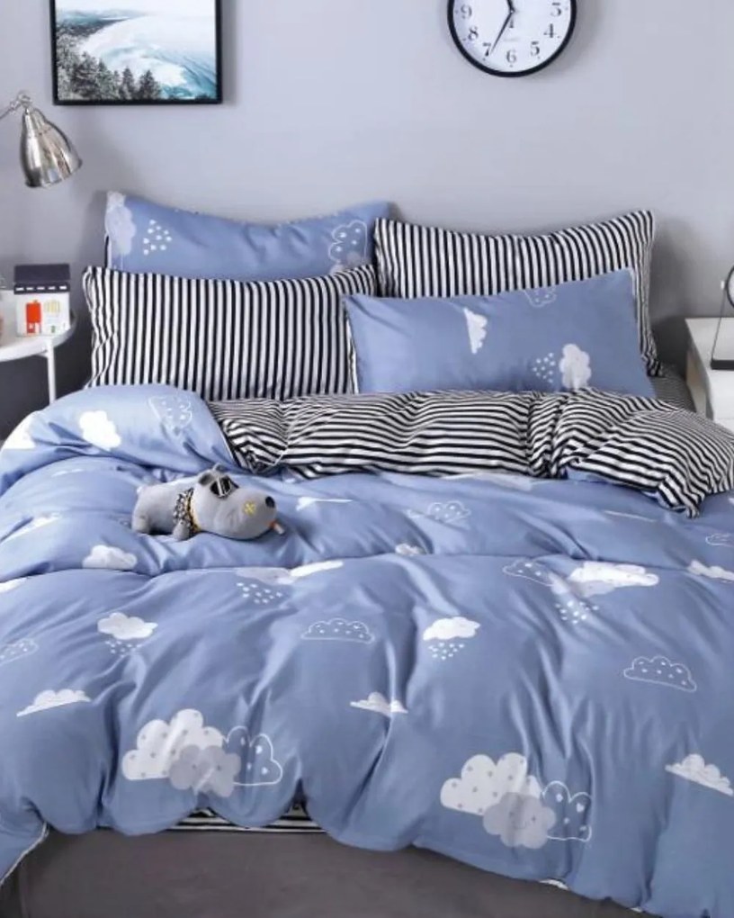 Lenjerie de pat cu 2 fete, policoton, pat 2 persoane, 4 piese, alb / albastru, R4-498