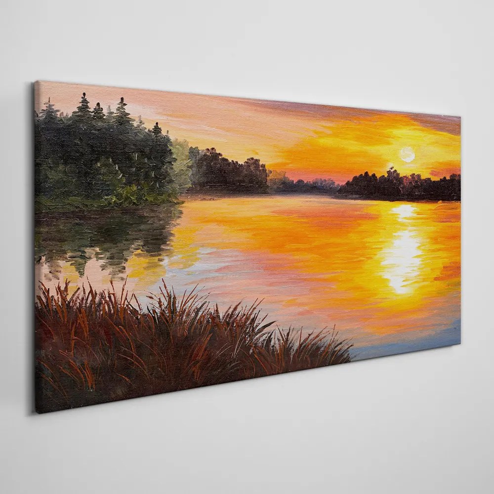 Tablou canvas pădure lac apus de soare