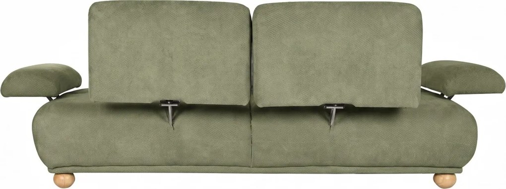 Canapea extensibilă cu 3 locuri din bumbac, verde, spătar rabatabil, picioare sferice din lemn, material rezistent la pete, 95 x 245 x 125 cm,