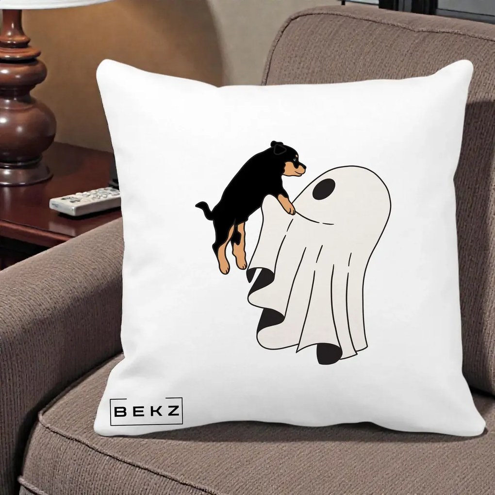 Perna Decorativa Caine Rottweiler Fantoma Halloween, 40x40 cm, Alba Mata, Husa Detasabila, Perna Inclusa, BEKZ®
