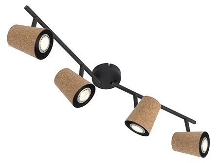 Spotlight de plafon negru cu abajur din plută 4 lumini reglabile - Corky