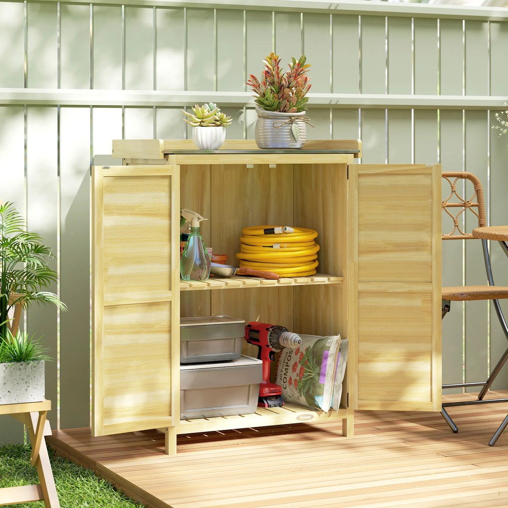 Outsunny Căsuță de Grădină din Lemn de Molid cu Rafturi și Cârlige Laterale, Dulap de Grădină cu Uși Duble și Blat de Lucru din Metal Zincat pentru Terasă, 71,5x39x95cm, Naturală | Aosom Romania