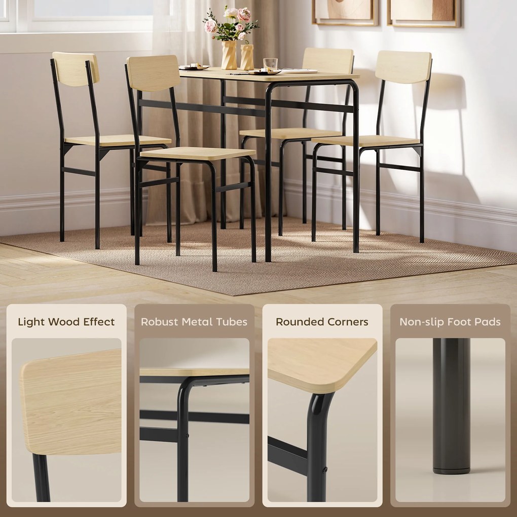 HOMCOM Set de Masă Rectangulară și 4 Scaune, Negru și Culoare Lemn | Aosom Romania