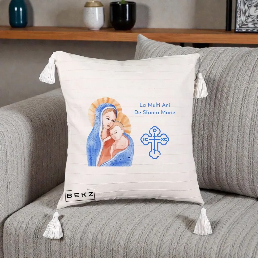Cadou de Onomastica - Perna Personalizata Sfanta Marie Icoana Acuarela, 40x40 cm, Bej cu Franjuri, Husa Detasabila, Perna Inclusa, BEKZ®