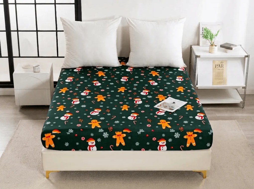 Cearsaf din microfibra SNOWMAN AND GINGERBREAD verde 180x200 cm