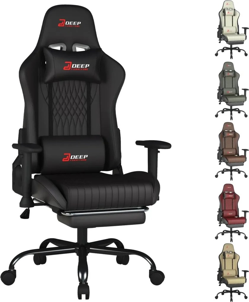 Scaun gaming, Pernă lombară cu Masaj vibrator, Suport pentru picioare, Cotiere 2D, piele PU, Negru