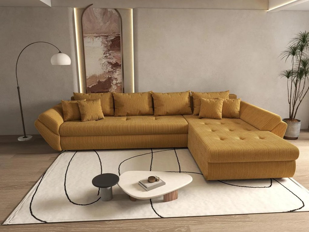 Colțar extensibil dumonde cu ladă de depozitare si sezut confortabil din spuma high-density, Loana XL Zoom Mustar II 335x185 cm