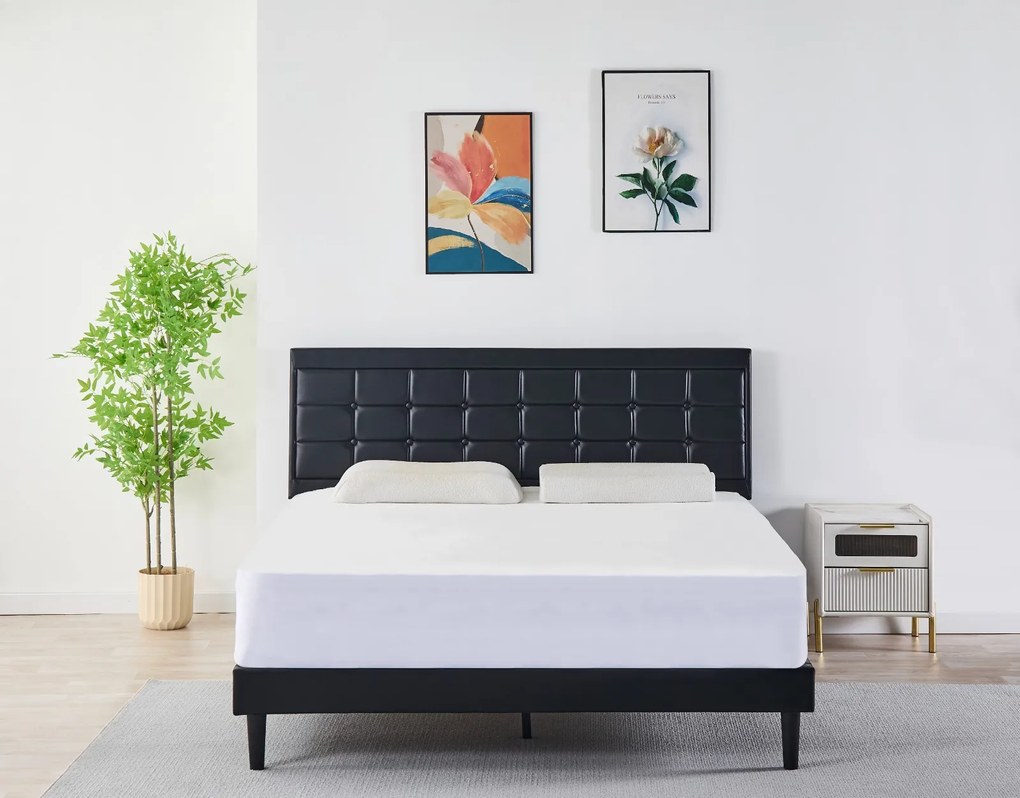 Pat Malaga Complet Tapitat Catifea, Culoare Negru, 160x200cm, Saltea Ortopedica 20cm inclusa