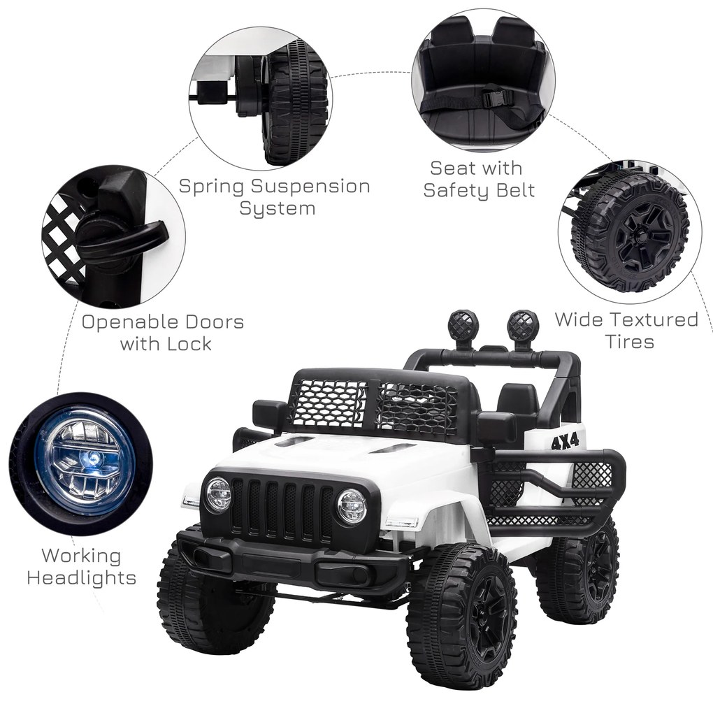 HOMCOM Masina Electrica pentru Copii Jeep Off-Road cu Telecomanda, 2 Viteze 3-5km/h, 100x65x72 cm, Alb | Aosom Romania