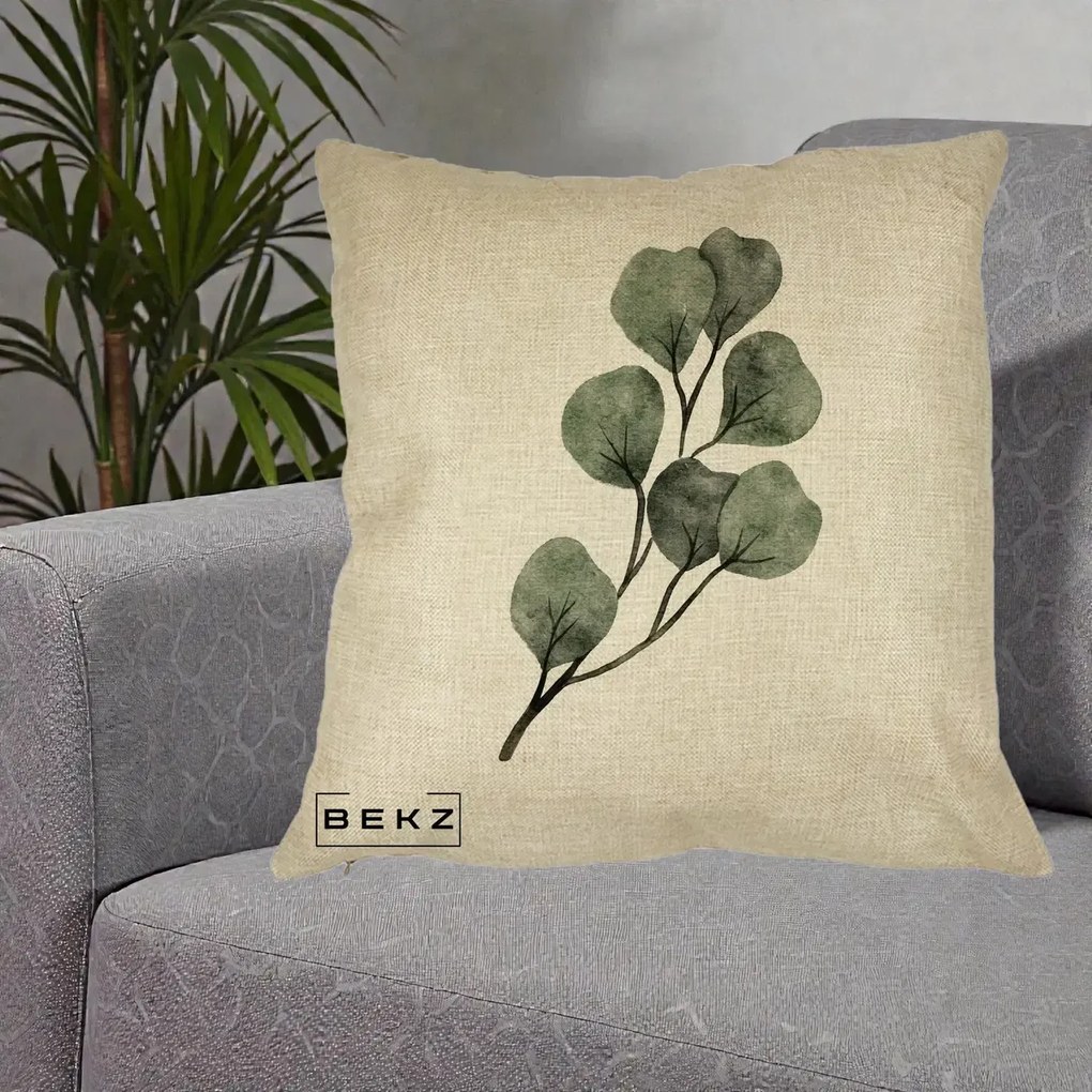 Perna Decorativa Ramura Eucalipt Acuarela, 40x40 cm, Crem, Husa Detasabila, Perna Inclusa, BEKZ®