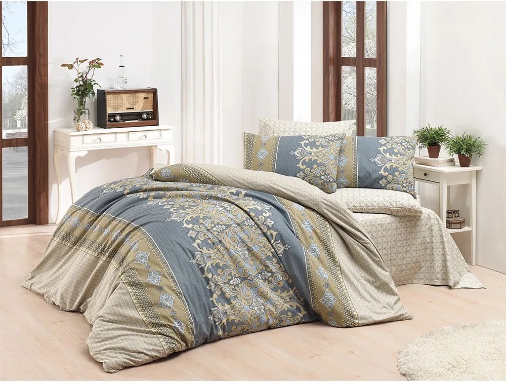 LENJERIE DE PAT 2 PERSOANE: CEARCEAF PAT 240X260 CM, HUSA PILOTA 200X220 CM, 2 FETE PERNA 50X70 CM, 100% BUMBAC, GRI/VERDE
