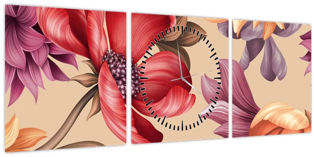 Tablou - Flori de epocă (cu ceas) (90x30 cm)