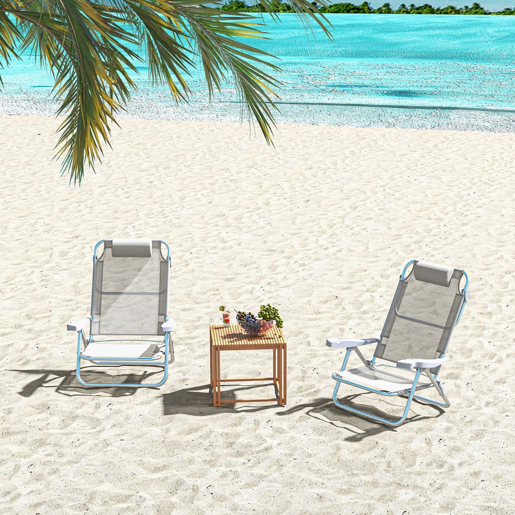 Outsunny Set 2 Scaune de Camping Pliabile cu Tetieră Căptușită și Spătar Reglabil în 6 Poziții, 62x65x80 cm, Gri Deschis | Aosom Romania