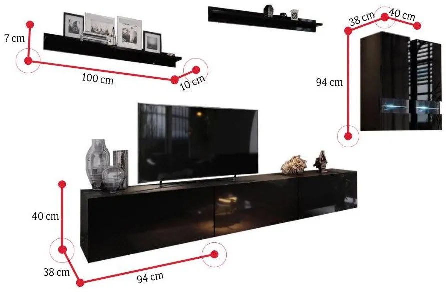 Expedo Mobilă sufragerie ELPASO 1 + LED, negru/negru luciu