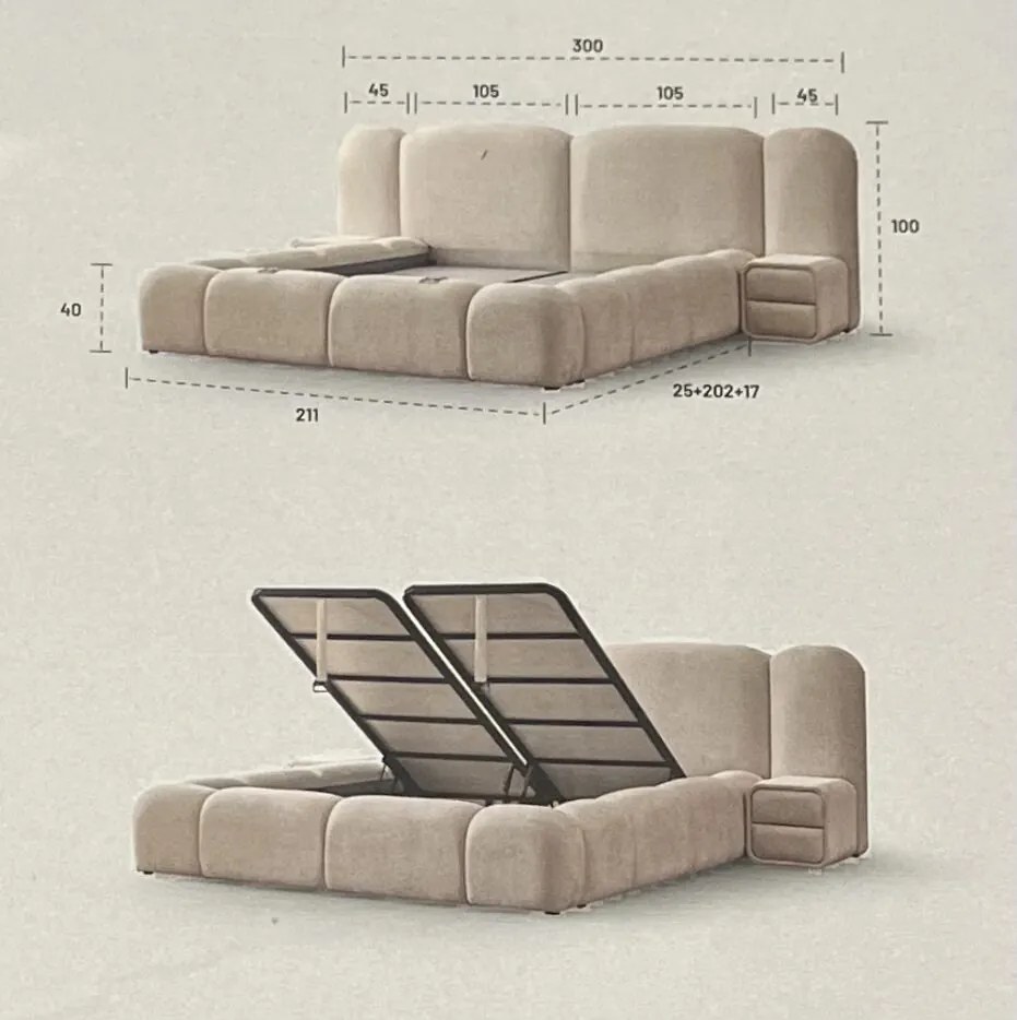 Boxspring ~MERIVO~ cu ladǎ de depozitare, structurǎ metalicǎ și saltea premium cu topper integrat Anthology ivory 180x200
