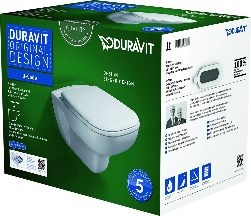 Duravit D-Code vas wc cu capac soft-close agăţat da alb 45700900A1