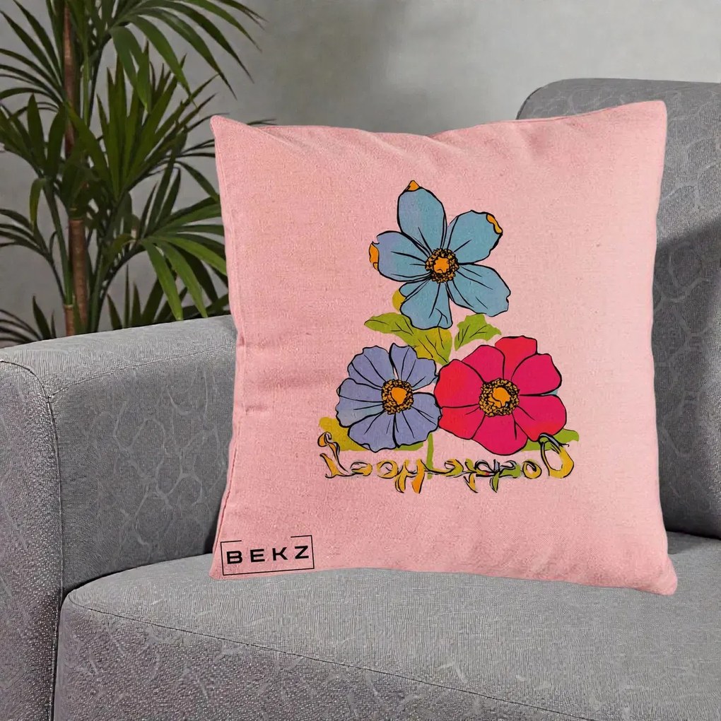 Perna Decorativa Trei Flori Grafice Pop Art, 40x40 cm, Roz, Husa Detasabila, Perna Inclusa, BEKZ®
