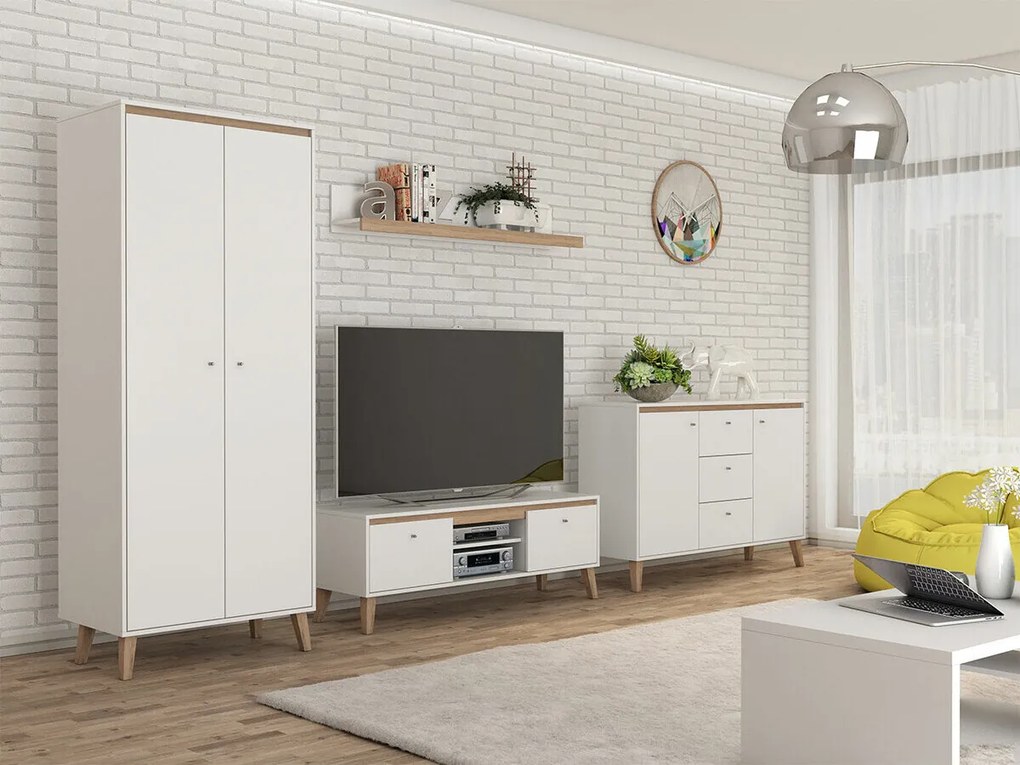 Camera de zi Providence D119Stejar deschis San Remo, Mat alb, Părți separate, Cu comodă tv, PAL laminat, 206x52cm, 151 kg