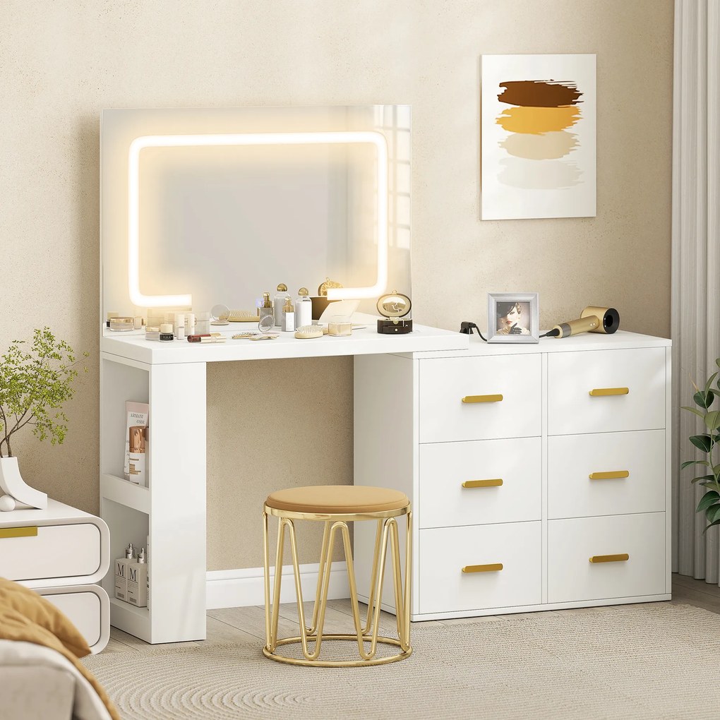 HOMCOM Stație de Machiaj cu Lumini LED, 3 Culori, Luminozitate Reglabilă, Toaletă Convertibilă cu Prize Electrice, 6 Sertare Soft Close, Oglindă, Rafturi Deschise, pentru Dormitor, Alb | Aosom Romania