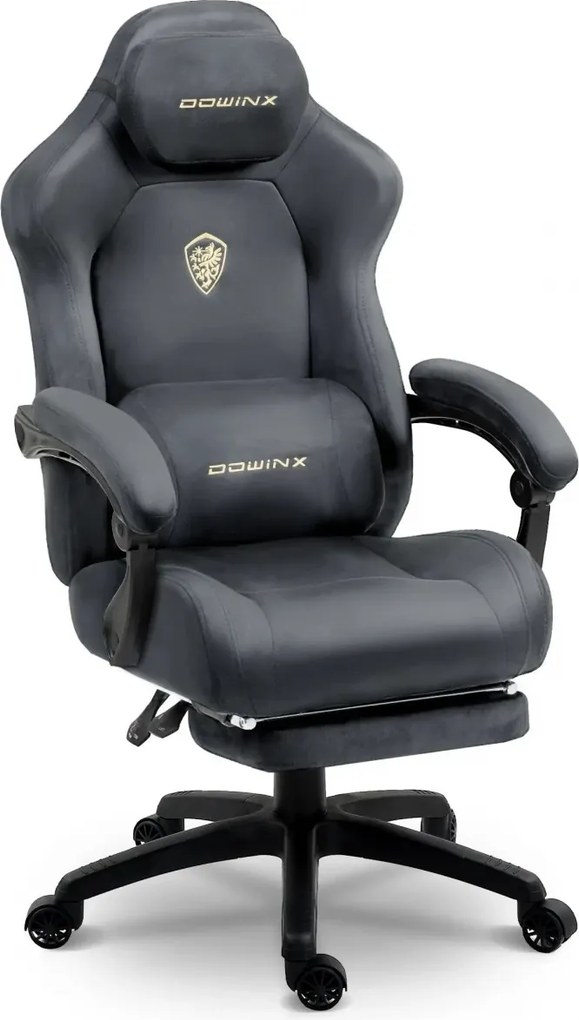 DOWINX – Scaun Gaming, Suport Lombar cu Masaj, Șezut cu Arcuri Metalice și Spumă, Rabatabil 90°-160°, Suport picioare, Rezistent 160 kg, material textil, Gri Inchis