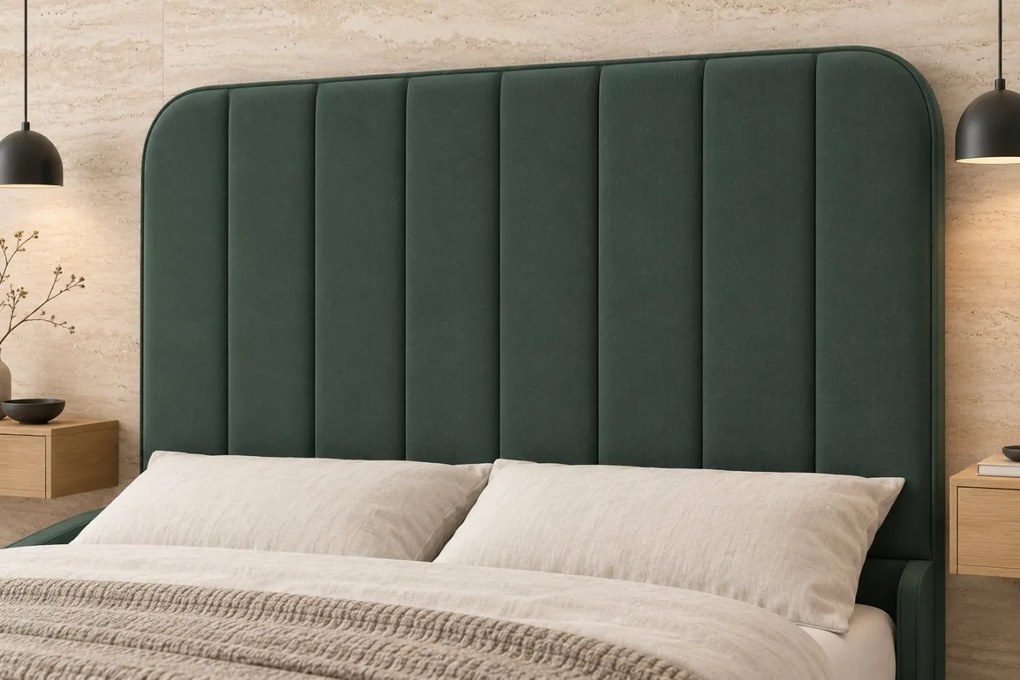 Pat tapițat din stofă Calista 160×200 cm, verde marin, cu ladă de depozitare