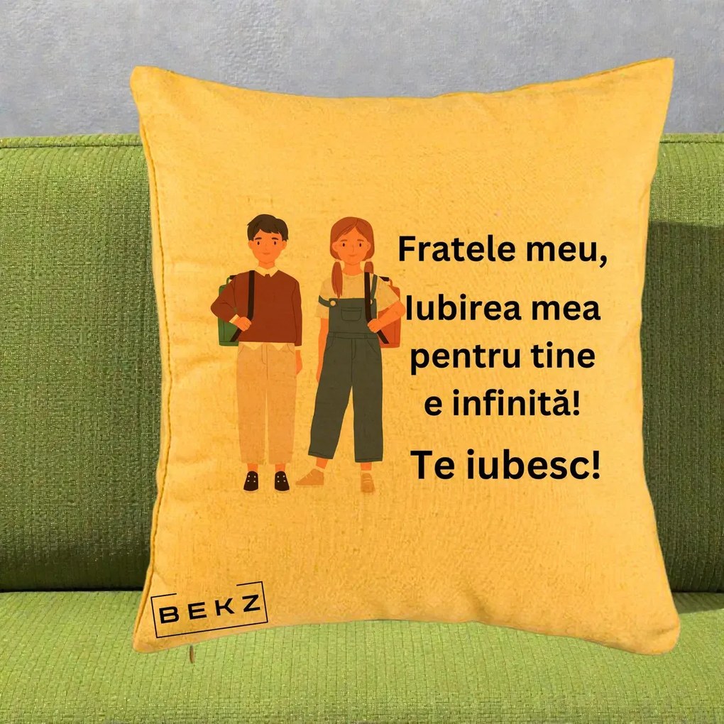 Cadou pentru Frate - Perna Personalizata Fratele Meu Te Iubesc Elevi Ilustratie Colorata, 40x40 cm, Galben, Husa Detasabila, Perna Inclusa, BEKZ®