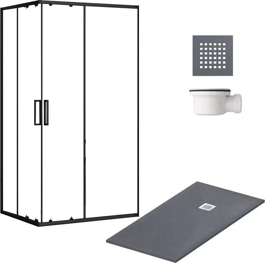Pachet cabina de dus negru Balneo 80x100 cm, cadita pentru dus Balneo gri, sifon cadita si capac cadita gri