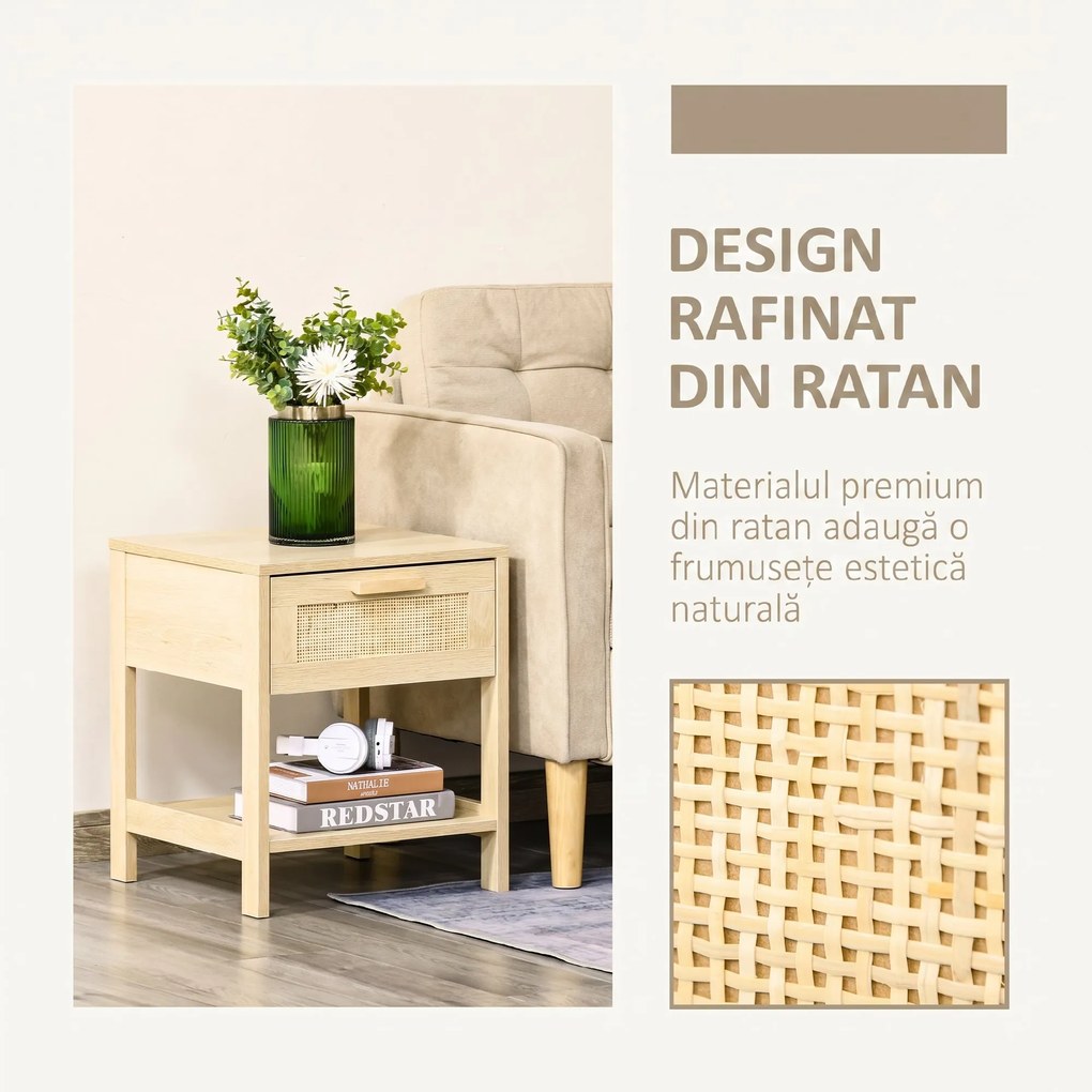 HOMCOM Noptieră Modernă din MDF, Design cu Sertar și Raft pentru Depozitare, 40x40x48 cm, Culoare Lemn Natur | Aosom Romania