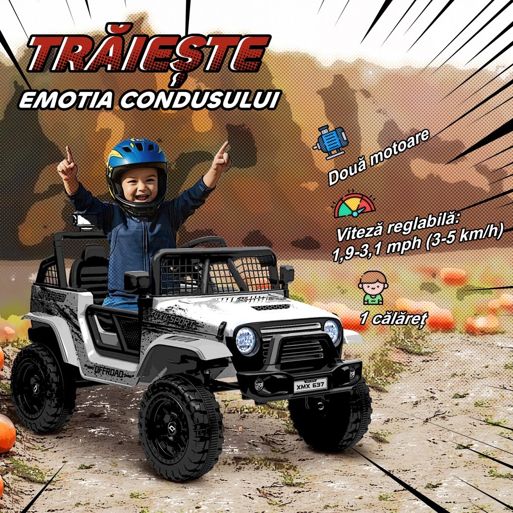 AIYAPLAY Mașină Electrică pentru Copii 3-6 Ani Off-road 12V cu Telecomandă Alb | Aosom Romania