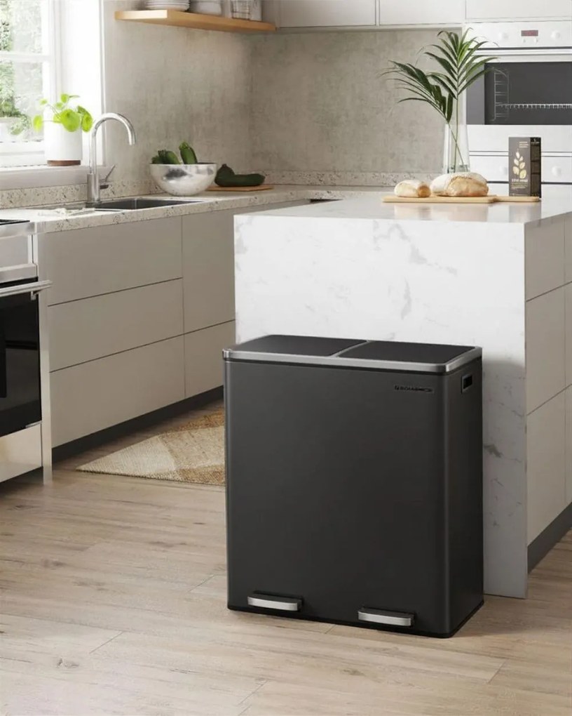 Coș pentru sortarea deșeurilor SORT, 2x30 l + saci de gunoi, negru/argintiu SongmicsHome