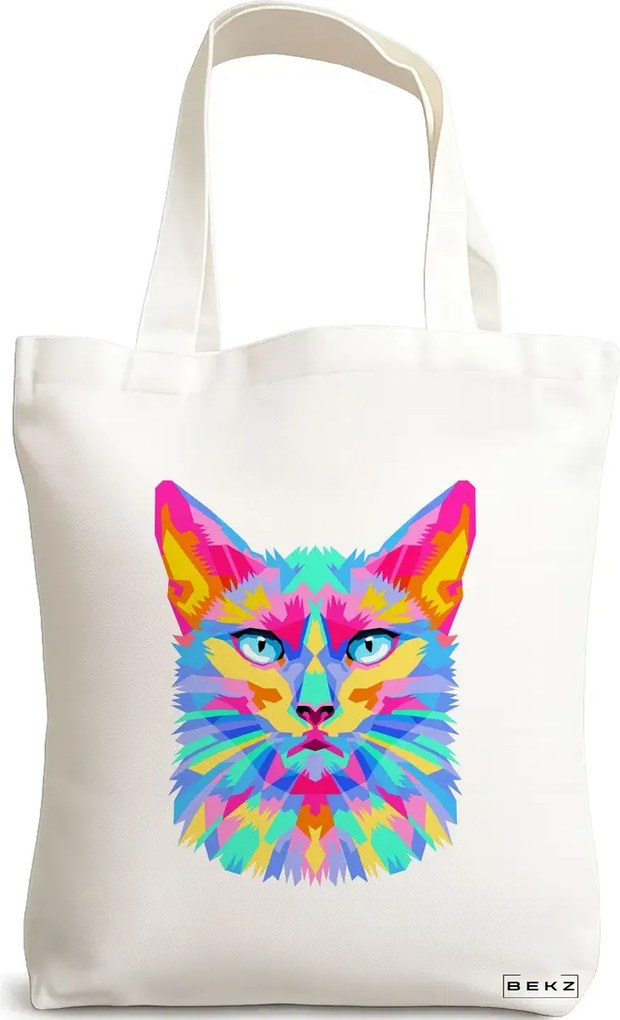Sacosa de Panza pentru Cumparaturi, Geanta Tote, model Colorful Geometric Cat, 38x34.5 cm, Alba, BEKZ®
