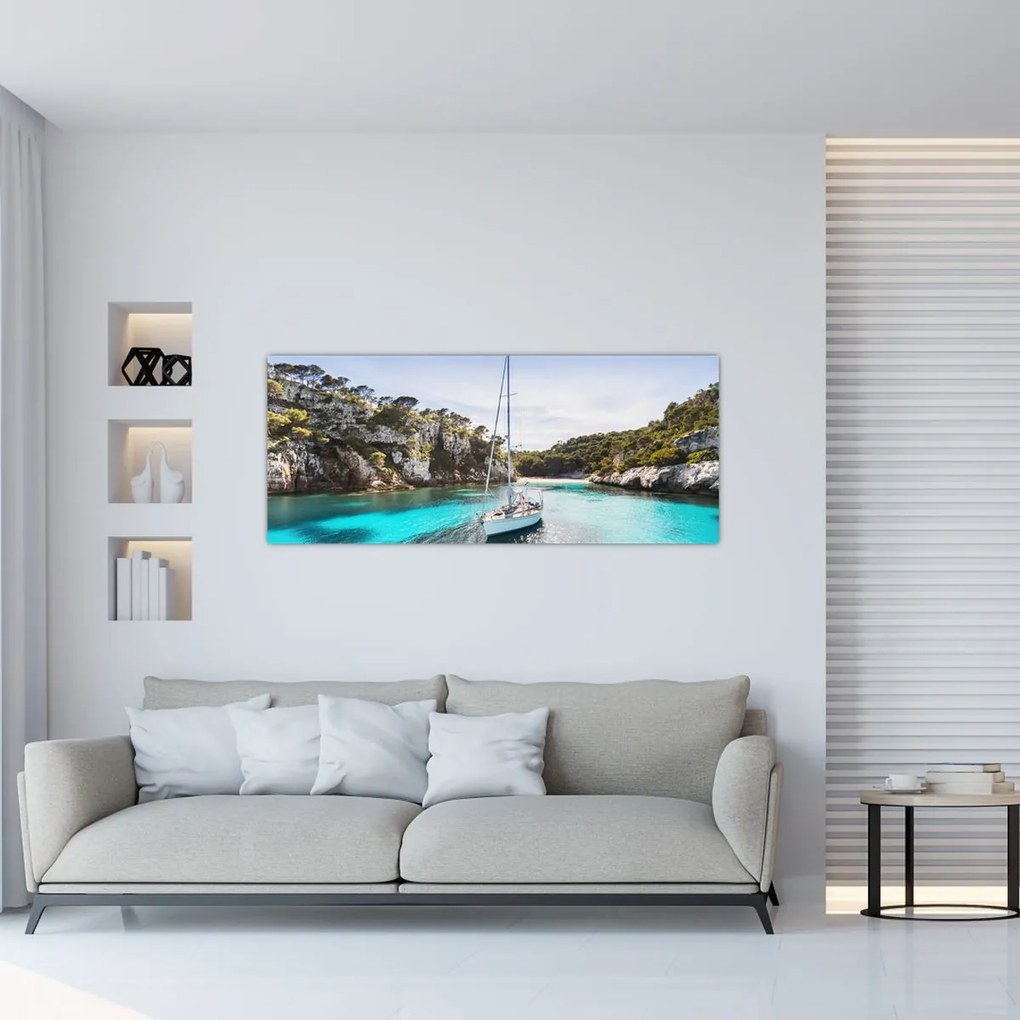 Tablou - Plajă cu barca cu pânze (120x50 cm)