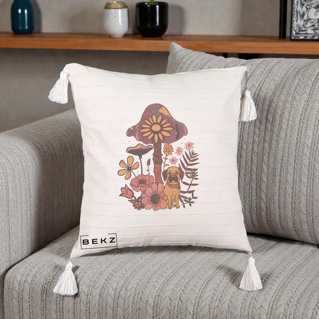 Perna Decorativa Ciuperca Caine Boho, 40x40 cm, Bej cu Franjuri, Husa Detasabila, Perna Inclusa, BEKZ®
