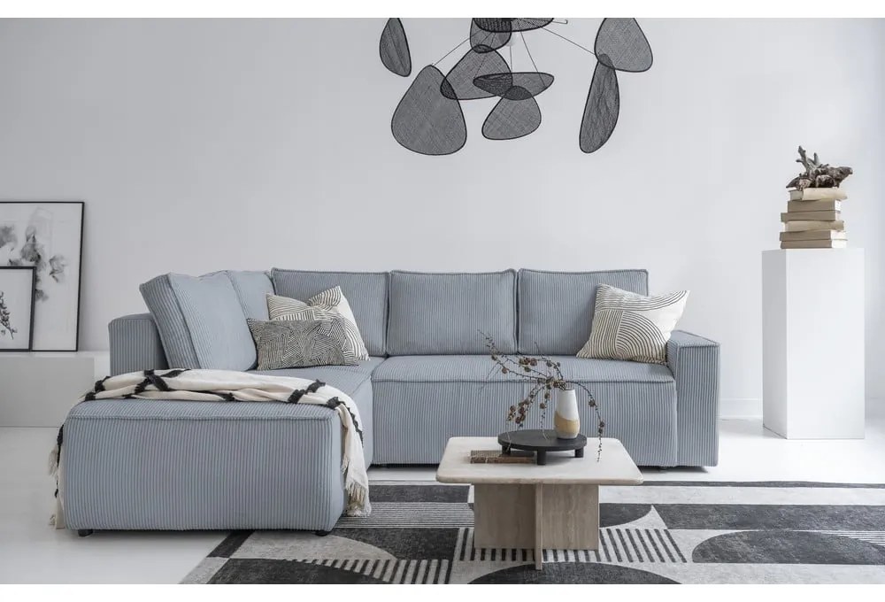 Colțar gri deschis extensibil cu tapițerie din catifea reiată (cu colț pe partea stângă ) Brave Dave – Miuform