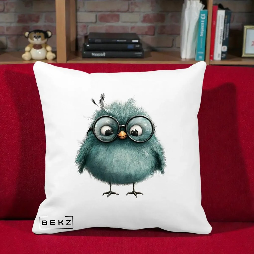 Perna Decorativa Pui Teal cu Ochelari Rotunzi, 40x40 cm, Alba Mata, Husa Detasabila, Perna Inclusa, BEKZ®