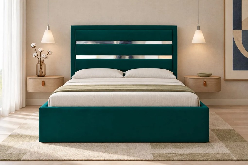 Pat tapițat din catifea Noren 160×200 cm, verde, detalii argintii, cu ladă de depozitare