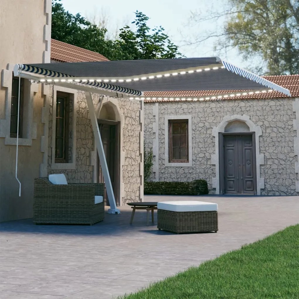 vidaXL Copertină retractabilă manual LED, albastru și alb, 450x300 cm