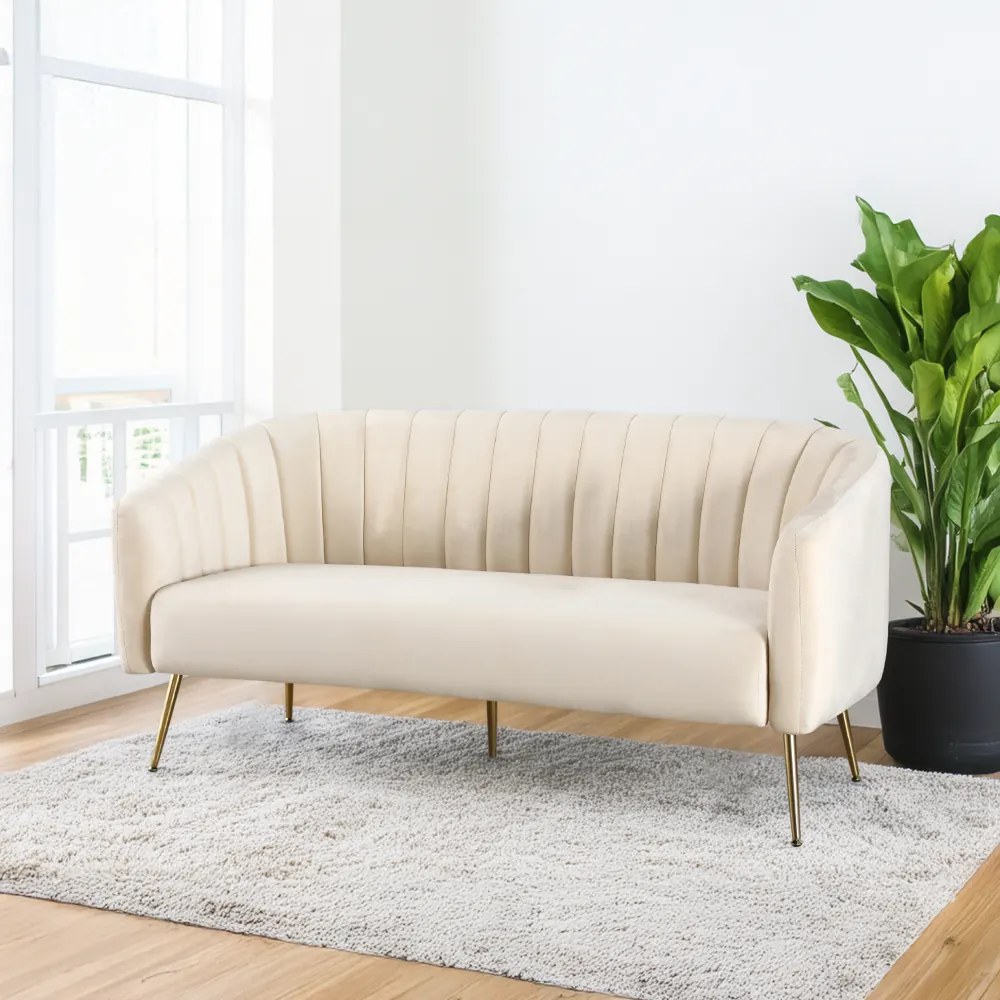 Canapea de design cu 3 locuri, ţesătură Velvet bej/gold crom-auriu, BAGY