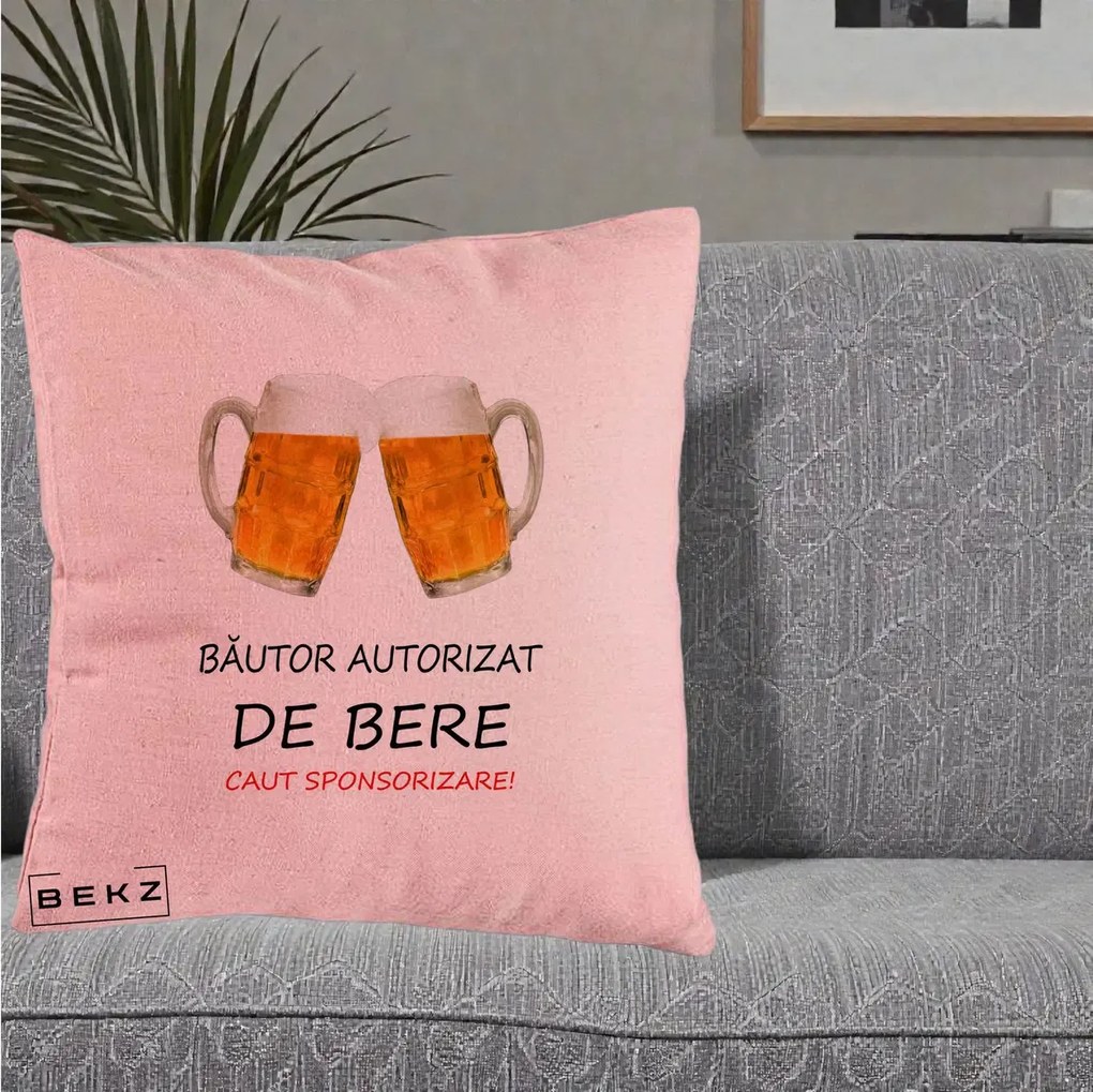 Perna Decorativa Bautor Autorizat de Bere, 40x40 cm, Roz, Husa Detasabila, Perna Inclusa, BEKZ®