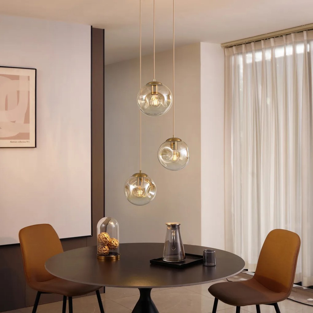 Lampă suspendată Art Deco din alamă cu sticlă chihlimbarie cu 3 lumini - Douglass