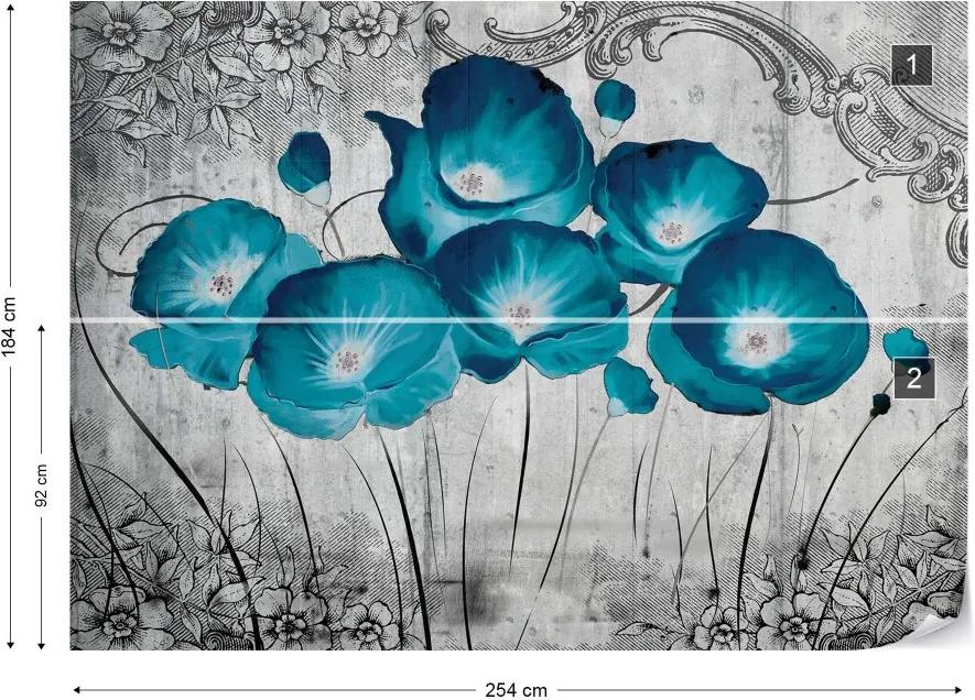 Fototapet GLIX - Vintage Flowers Blue Grey  + adeziv GRATUIT Tapet nețesute - 254x184 cm