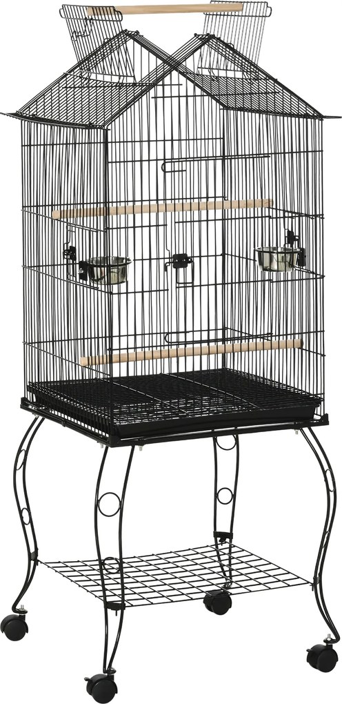PawHut Cușcă pentru păsări pe suport cu 2 mese perșoare tavă detașabilă mâner și roți 50 x 58 x 137/145 cm negru | Aosom Romania
