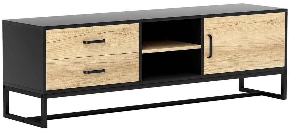 HOMCOM Mobilier pentru TV de 60" cu Dulăpior, 2 Sertare și Rafturi Deschise Reglabile, 140x35x45 cm, Lemn Natural | Aosom Romania