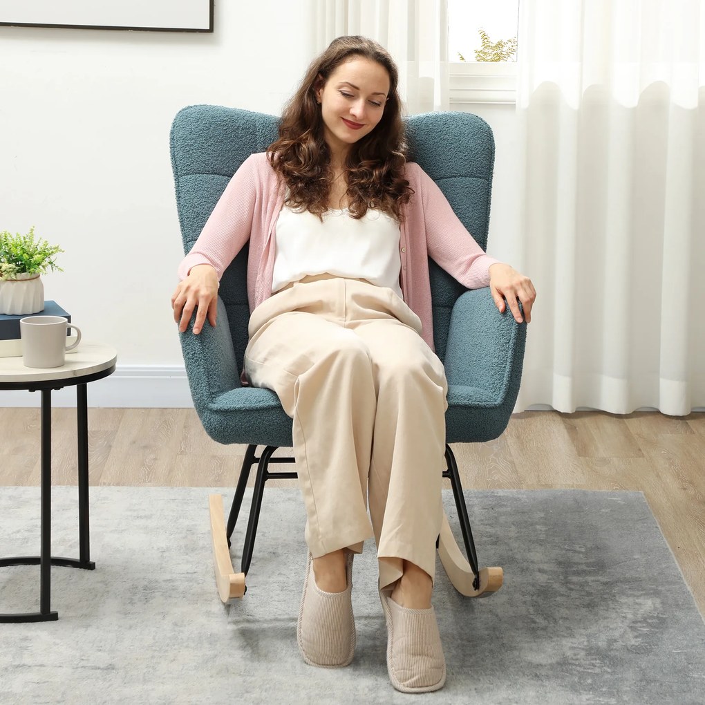 HOMCOM Fotoliu cu leagăn, formă ergonomică, leagăne din lemn solid, până la 120 kg, Albastru deschis | Aosom Romania