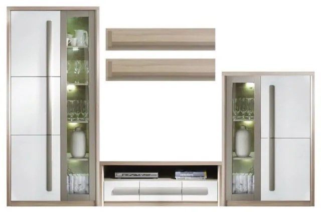 Living ROMA Z.A., 4 corpuri, cu lumini LED, corp PAL stejar sonoma, fronturi MDF gri mat + alb lucios, 194x300x53 cm