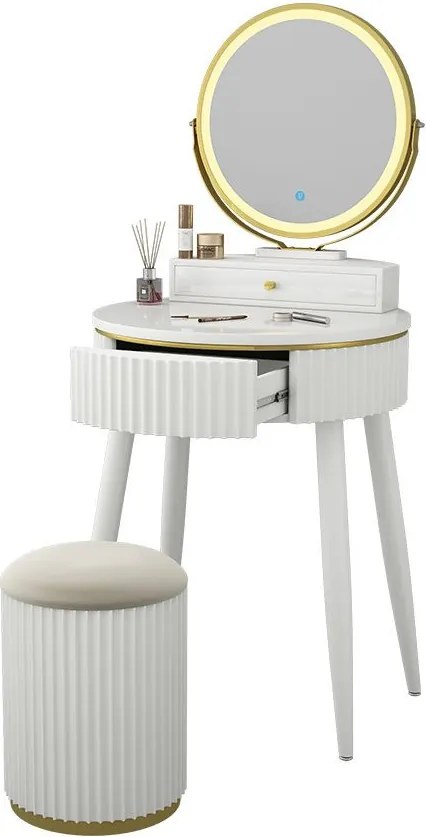 Masuta machiaj cu Oglinda LED si 1 Sertar pentru Cosmetice, Set Masa toaleta 60 cm, Alb, masuta vanity cu Riflaj, cosmetica - SEA459