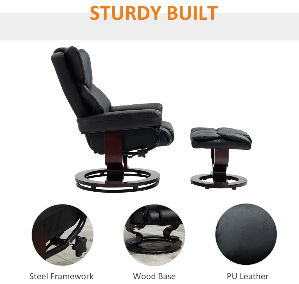 HOMCOM Fotoliu Relaxant si Puf, Reclinabil la 145° cu Scaun Rotativ din Piele Ecologica, Negru | Aosom Romania