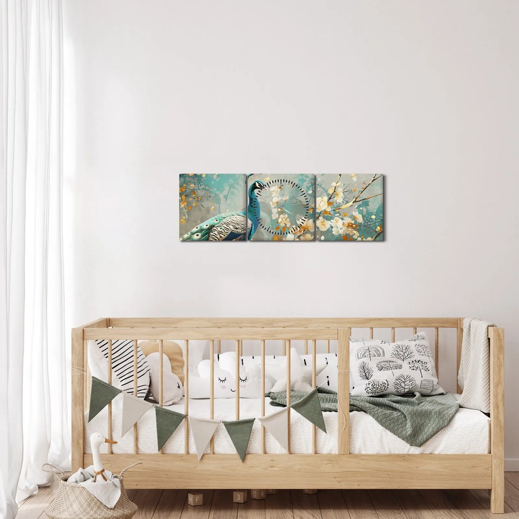 Tablou - Păun cu decor de aur (cu ceas) (90x30 cm)