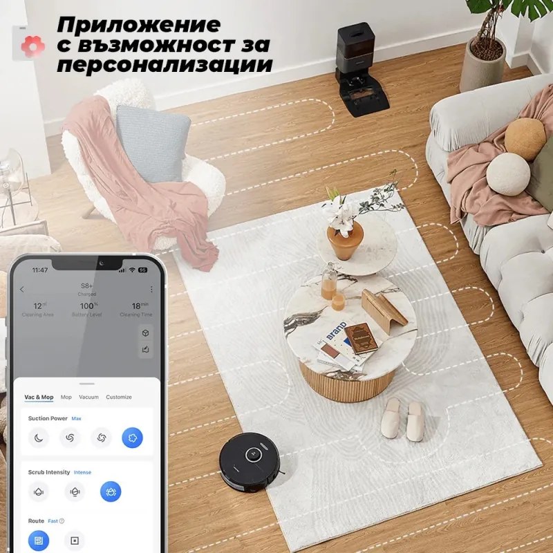 Aspirator robot Roborock S8 Plus Schwarz S8P52-00, 69 W, 5200 mAh, 6000 Pa, Mop, Cartografiere LiDAR, 750 ml, 4 senzori, Autonomie pana la 180 min, Negru